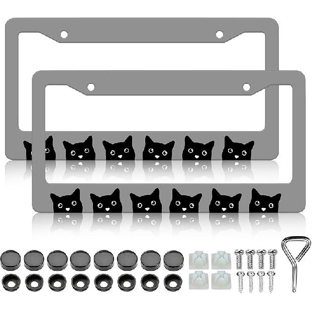 Bat License Plate Frames- 2 Pack Spider Web Goth Gothic Aluminum Metal License Plate Holder Covers Car Accessory, Rust-Proof Waterproof Car Black Cat