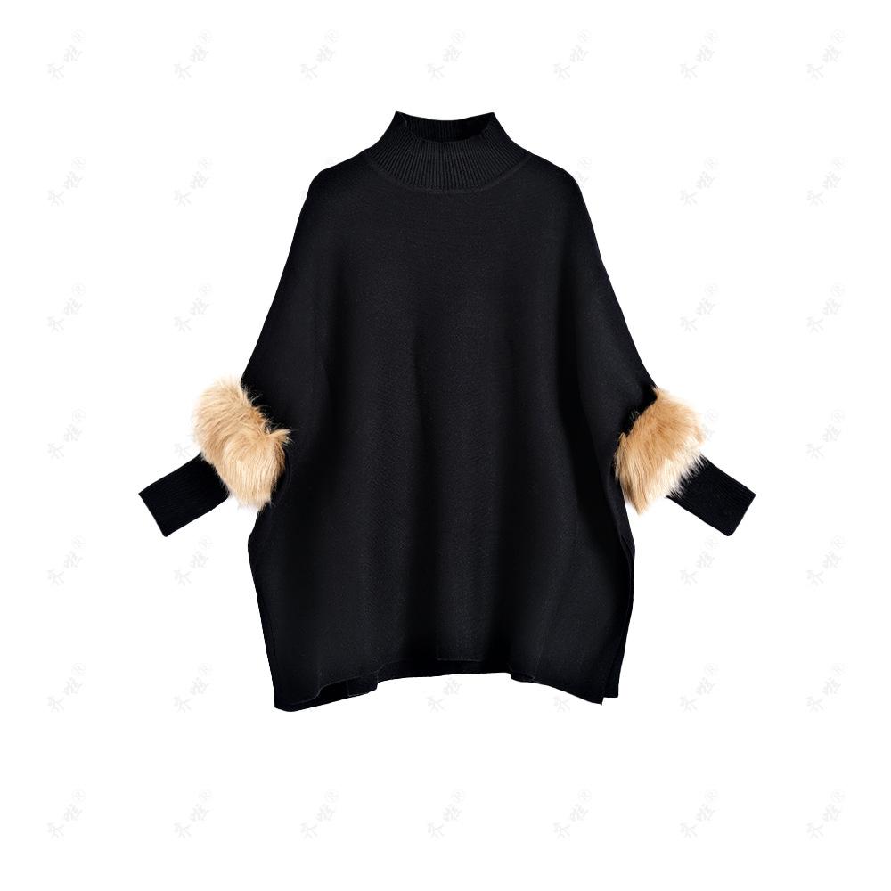 Autumn and Winter Loose Turtleneck Pullover Cape Knitted Sweater Simulation Fur Fur Sleeve Sweater Large Size Bottoming Shirt Jacket Women