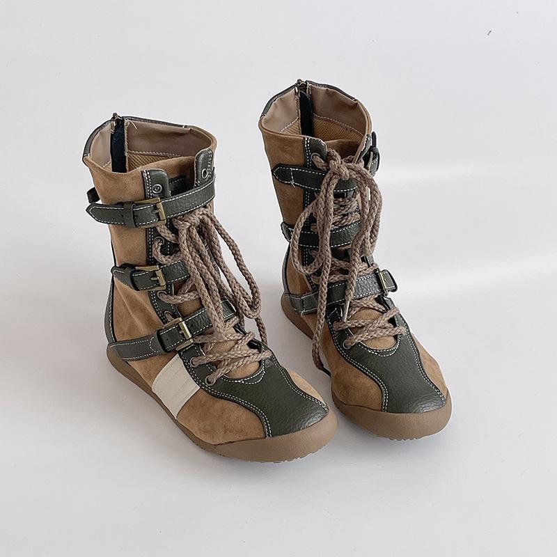 Retro style color matching splicing lace-up belt buckle flat-bottomed German training shoes women's 2025 autumn and winter new sports shoes boxing bo