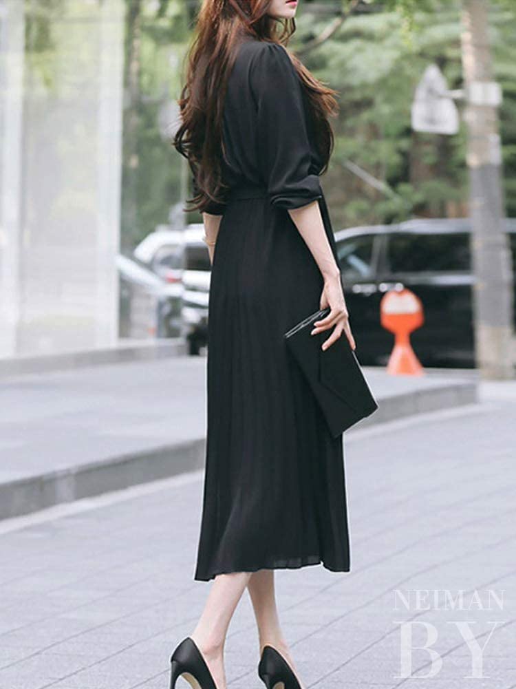 Neiman by Pleated Solid Long Long Round Dress, Color, Length, Sleeves, Adult, Collared, Neck, Figure-Flattering, Button-Down, Soft, Stylish, Cute,