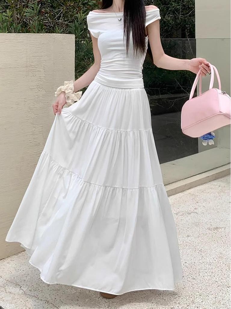 Plus Size Autumn White Pleated Midi Skirt for Women