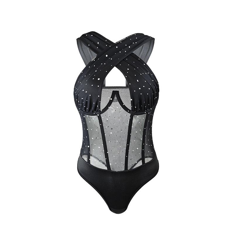 

Spice Girl Сексуальний комбінезон з сіткою та кісточками, з металевим кільцем, для жінок L [with steel ring and no breast pad] чорний