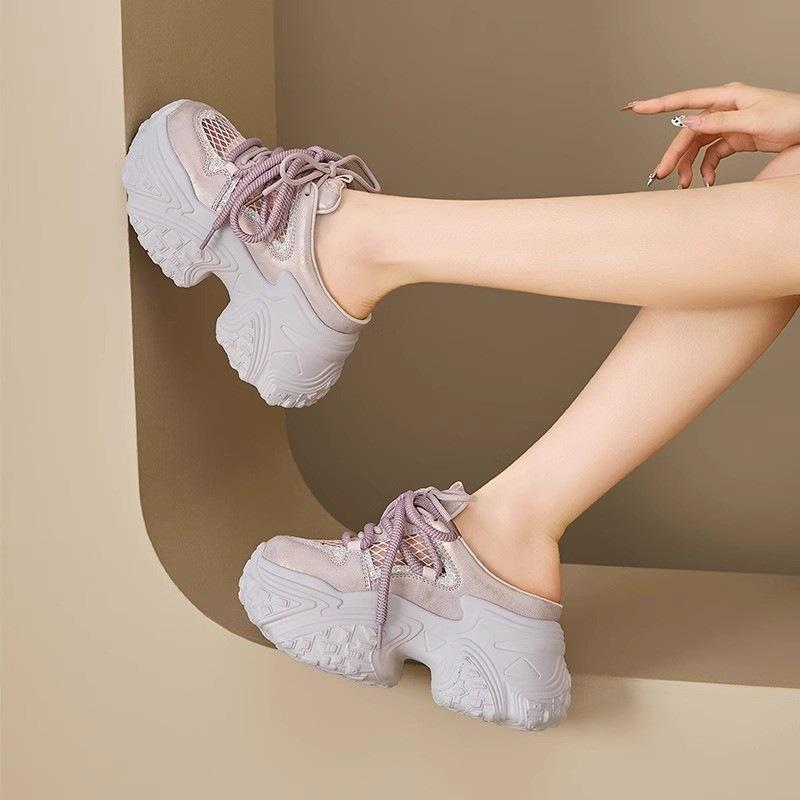 Baotou half slippers women's summer 2025 new outer wear sequins versatile mesh dad shoes breathable thick-soled lazy sandals