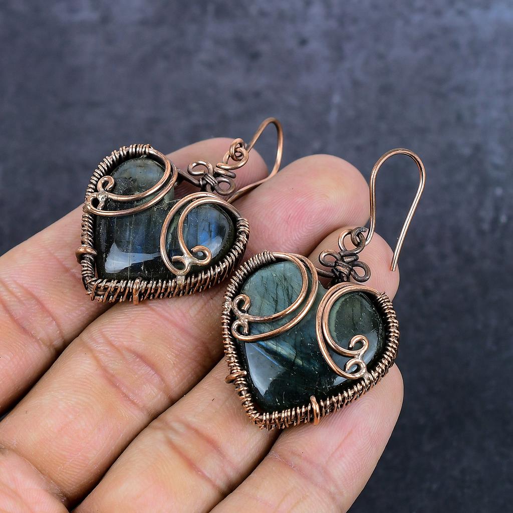 Natural Labradorite Gemstone Copper Wire Wrap Jewelry Earring 2.21" s1z87