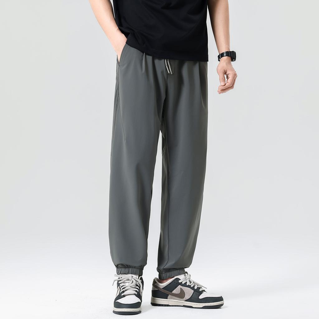 Free Stretch Ice Silk Summer Cool Casual Pants for Men, Loose and Ankle Tied Sports Pants, Sanitary Pants