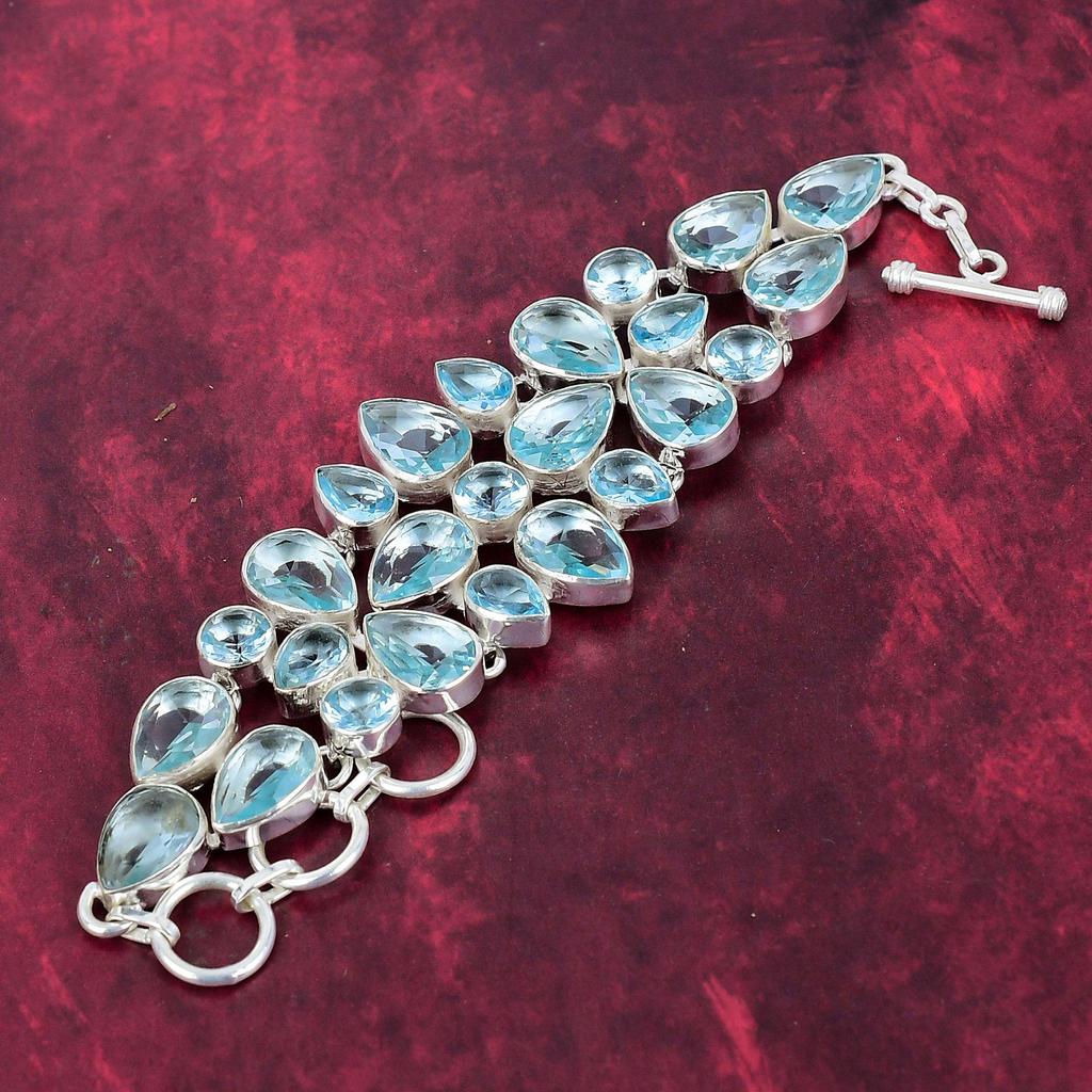 Blue Topaz Bracelet, 925 Solid Sterling Silver Gemstone Jewelry, Handmade Bracelet For Mother Day