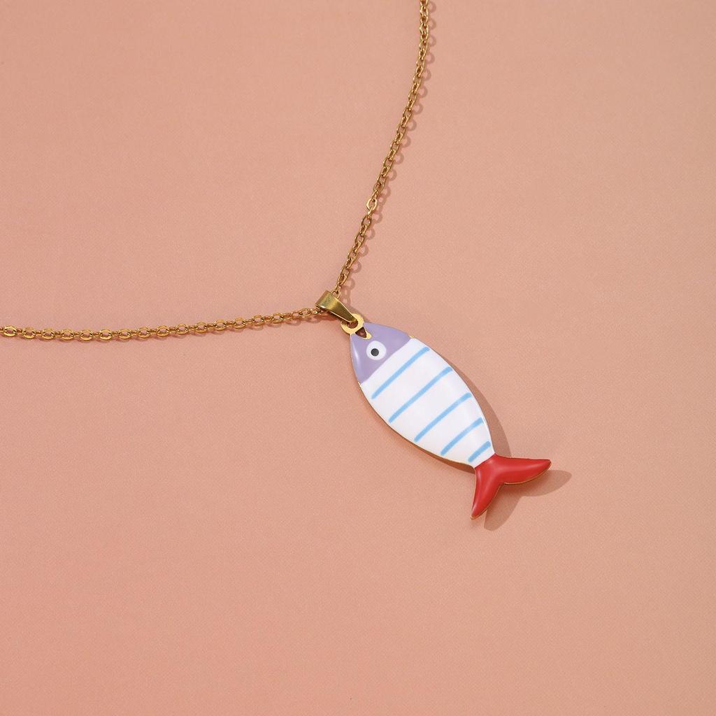Colorful Drip Glaze Fish Pendant Necklace - 304 Stainless Steel Women's Gold Clavicle Chain