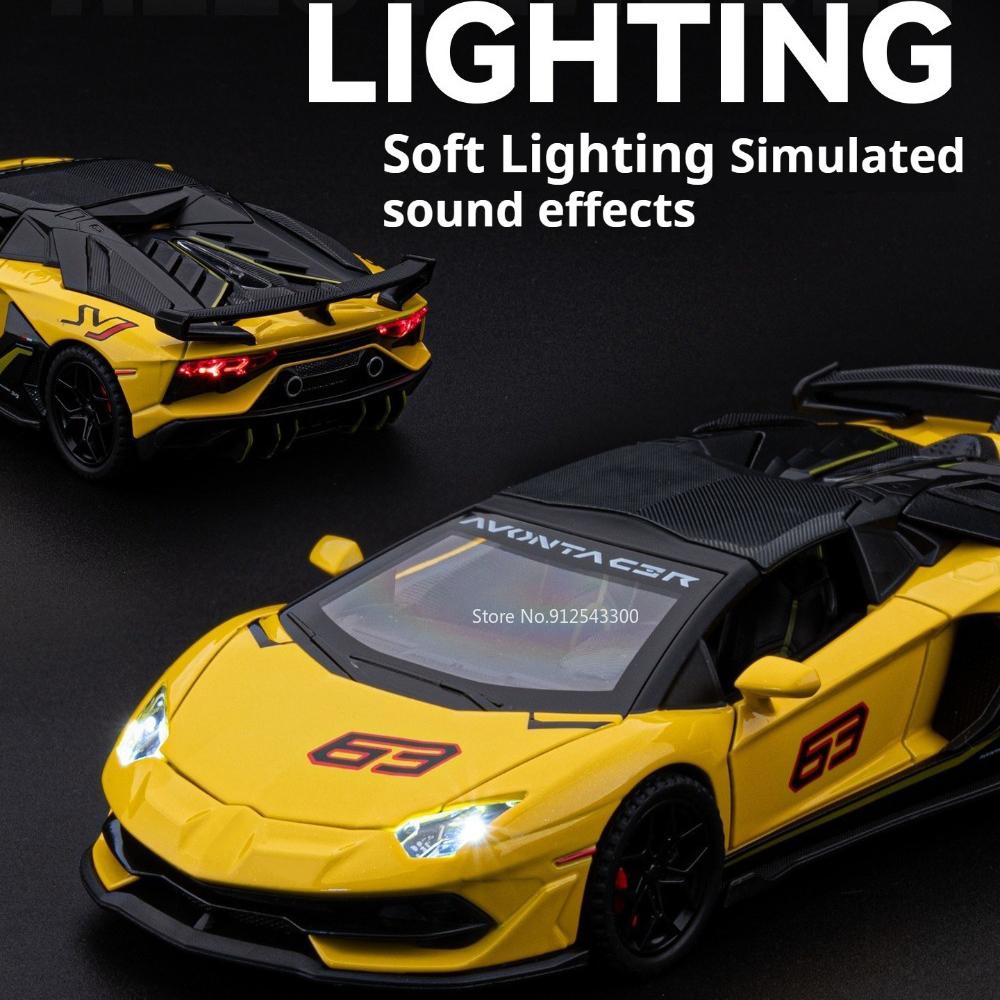 1:32 Scale SVJ63 Revuelto Sports Car Model Toy Alloy Body Rubber Tires Sound Light Supercar Models Kids Collection Presents