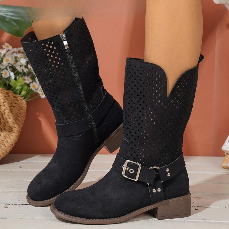 Women Mid-Calf Boots Retro Ethnic Style Summer Cool Boots Breathable Hollow Out Mesh Boot Classic Western Cowboy Boots for Women