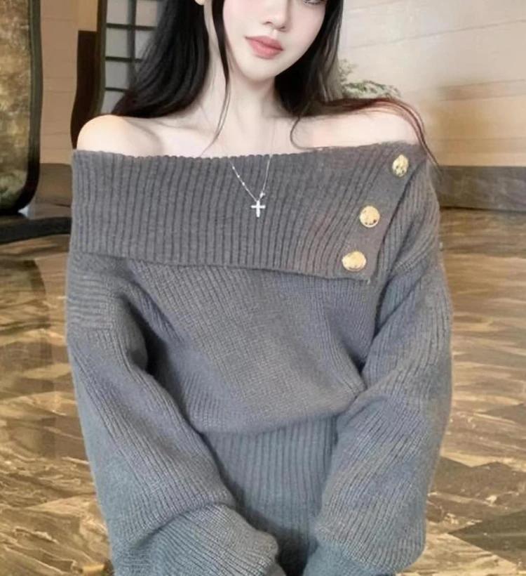 Koreansk stil mini strikket ett stykke kjole kvinner skråhals langermet grå kjoler vintage høst vestidos