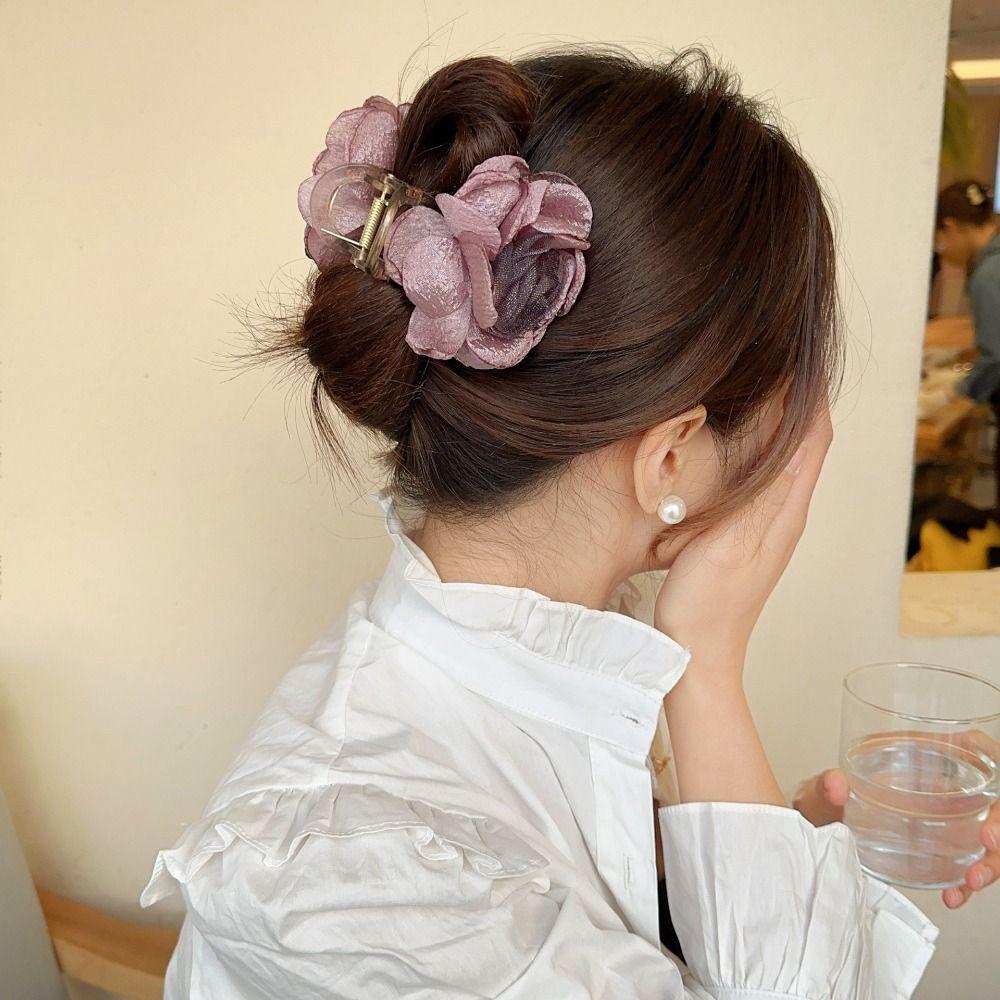 Mesh Rose Shark Clip Korean Style Flower Claw Clip Simple Simulation Flower Hair Claw  Beach