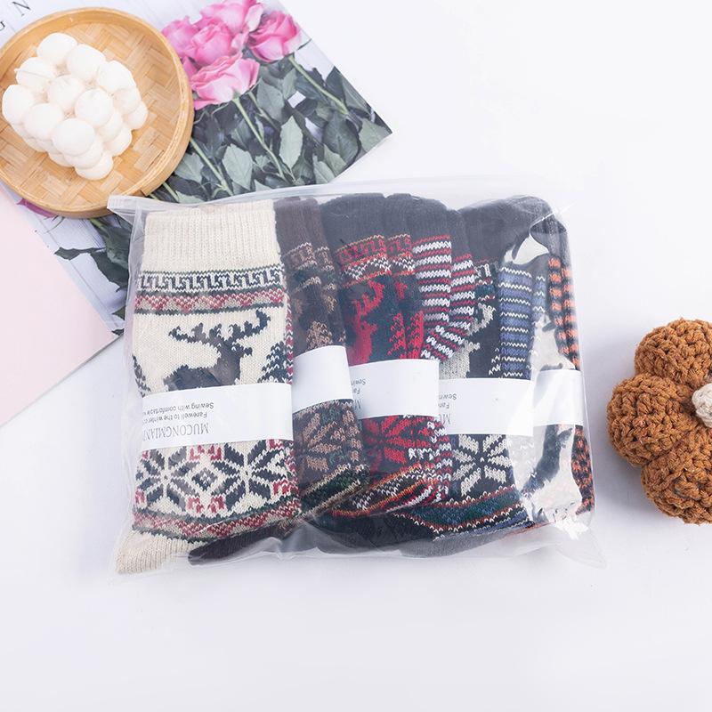 5 Pairs of Women's Mid-calf Socks, Thickened and Warm Rabbit Wool Socks with Thick Thread and Ethnic Style