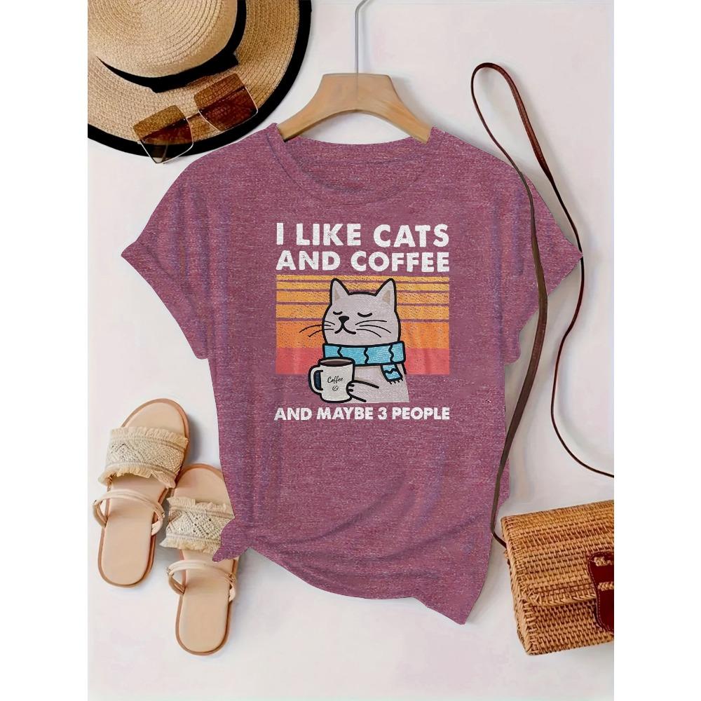 I Like Cats Coffee Women's Tee - Retro Cat Graphic Mauve Top