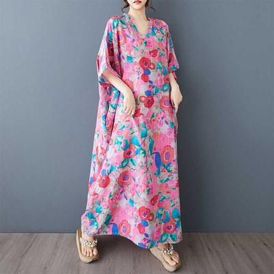 Summer V-neck Retro Cotton and Linen Dress