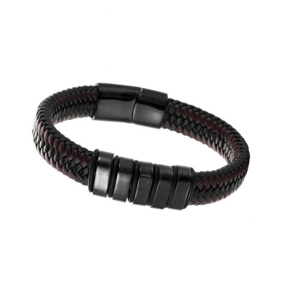 Brățară Europeană și Americană pentru Bărbați din Piele Împletită cu Cataramă Magnetică din Oțel Titan
