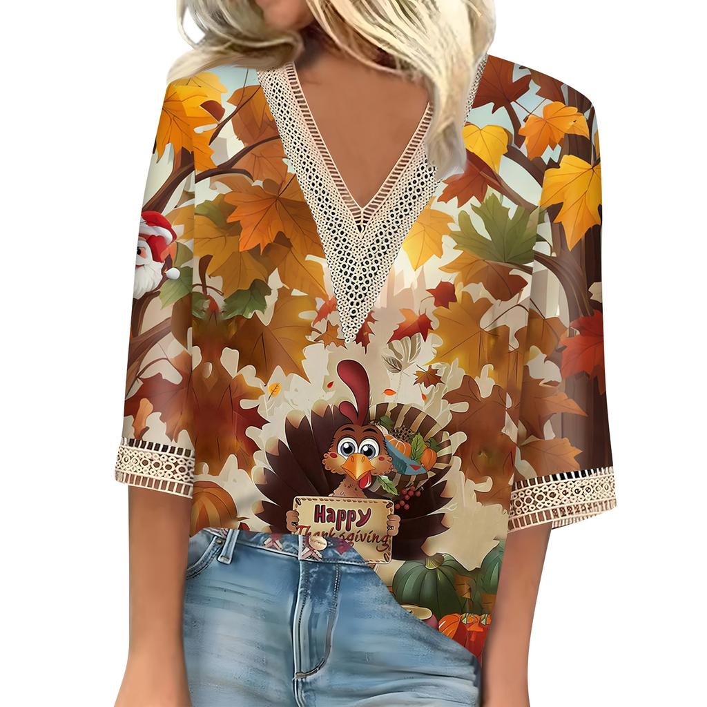 Women's Loose Casual Three-quarter Sleeve V-neck Lace Loose Christmas Print T-shirt Top