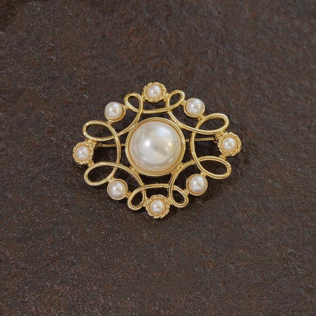 Vintage Gold Pearl Cross Brooch for Women - Baroque Palace Style