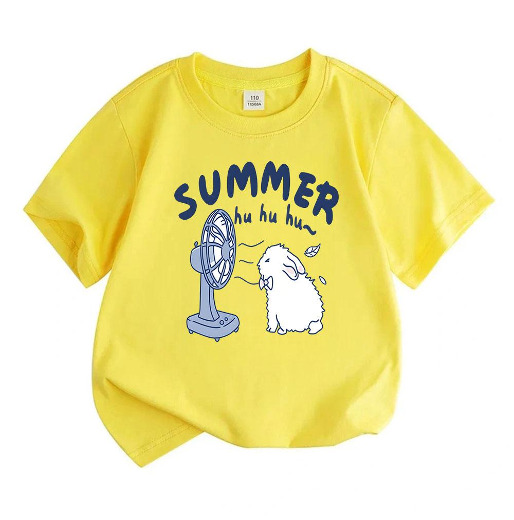 Cute Kids Boys Girls 100% Cotton Short Sleeve O-Neck T-shirt, Summer Fluffy Rabbit Blowing Electric Fan Casual Soft Breathable Tee for Children Daily