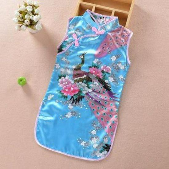 Girls' Classic Red Peacock Qipao: Children's Chinese Style Costume for New Year & Performances (Spring/Summer).