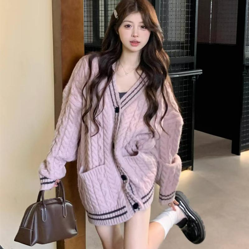 

autumn winter V-neck wool knitted sweater women preppy style single-breasted solid casual oversized cardigan long coat female One Size