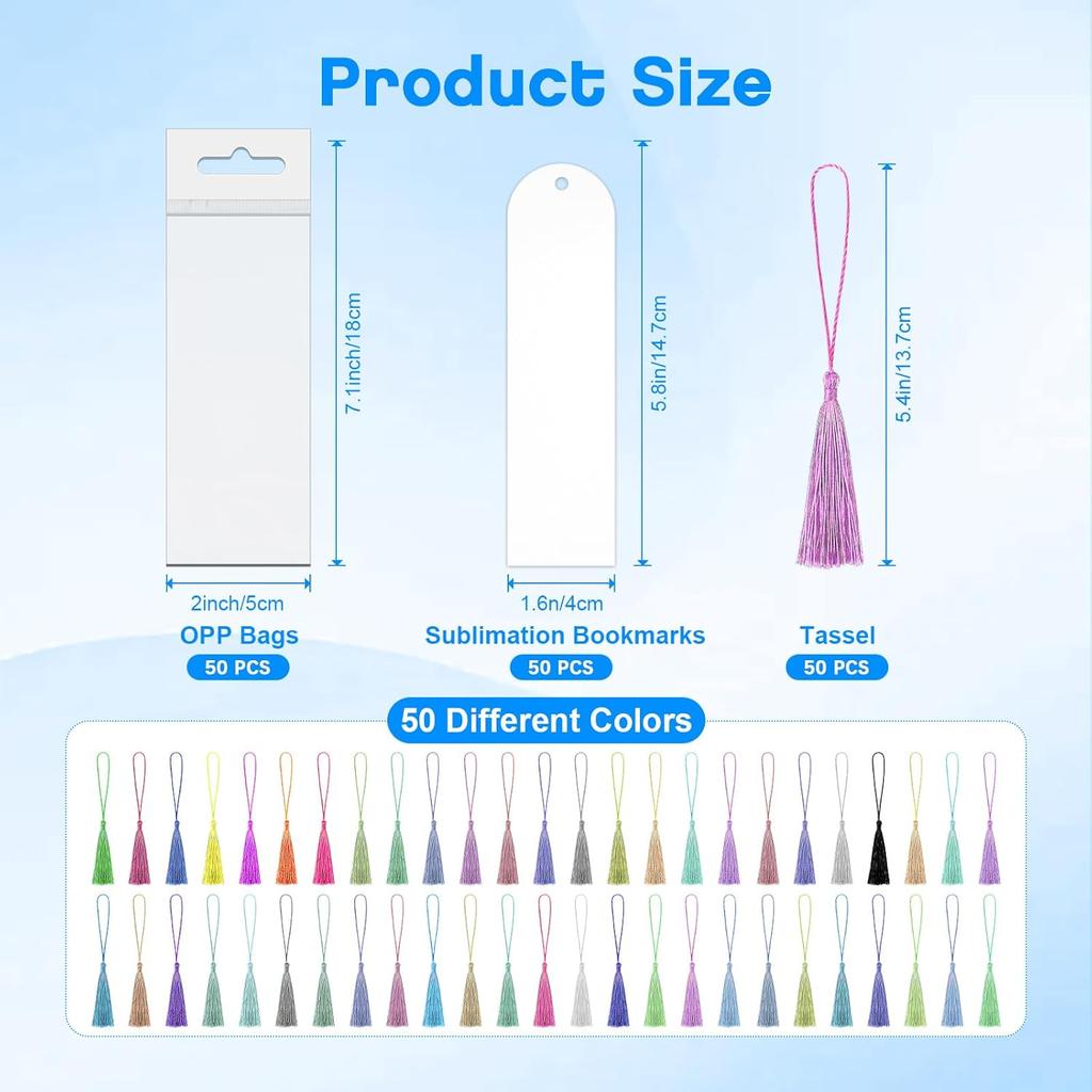 Sublimation Bookmark Blank Double Sided - 50Pcs Metal Bookmark Blanks Bulk + 50 Colors Bookmark Tassels, Bookmark Making Kit, for DIY Bookmarks, Book