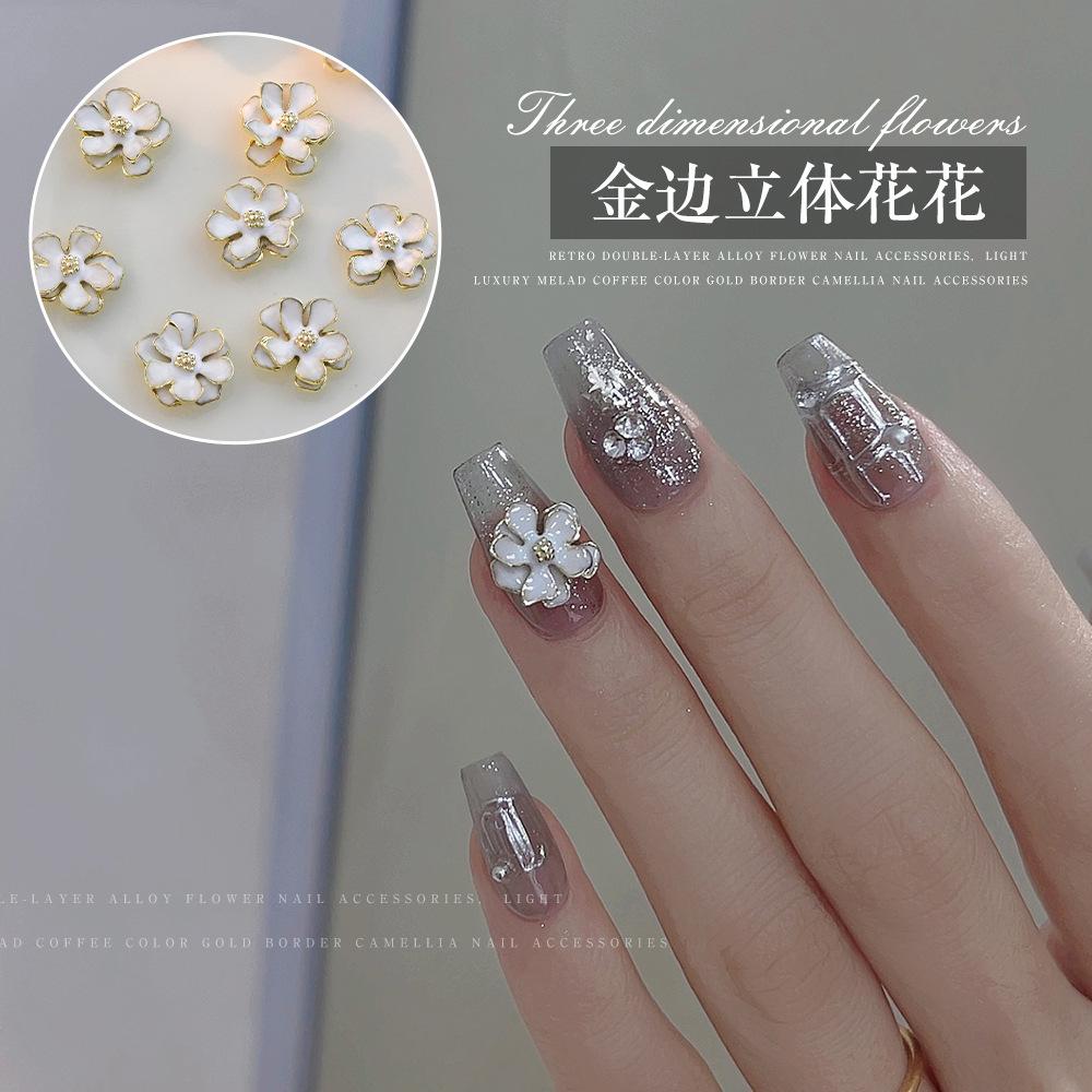 Double Layer Alloy Flower Nail Decoration With White Three-dimensional Filigree Gold Border Five Petal Light Luxury Versatile