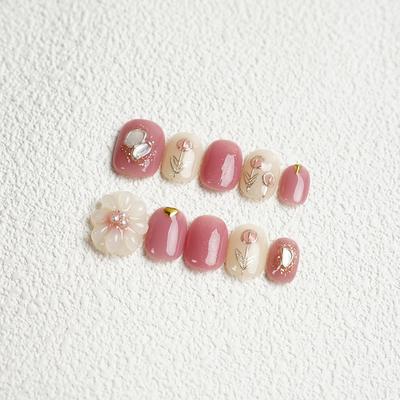 100% HANDMADE Short Round Fake Nail With Glue Fake Nails Hand-Painted Tulip 3 D Flower Pink White Short Square Circle Acrylic Press On Fake Nails