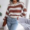 Long Sleeve Loose Knit Sweater for Women O Neck All Match Contrast Fall Winter S-L