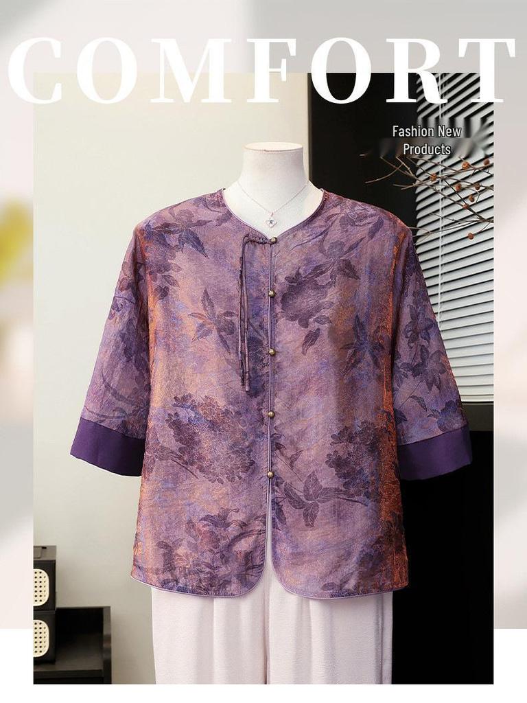 Elegant Summer Short-Sleeved Chiffon Blouse Set for Middle-Aged Women
