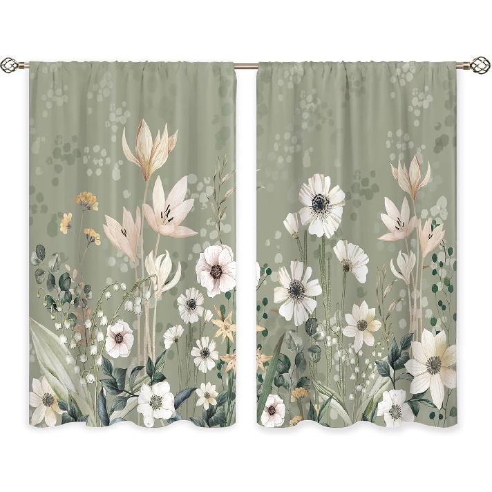 Green Boho Flower Small Kitchen Curtains Flower Plant Window Treatment Botanical Herb Chic Rod Pocket Cafe Short Window Curtains for Bathroom Dining