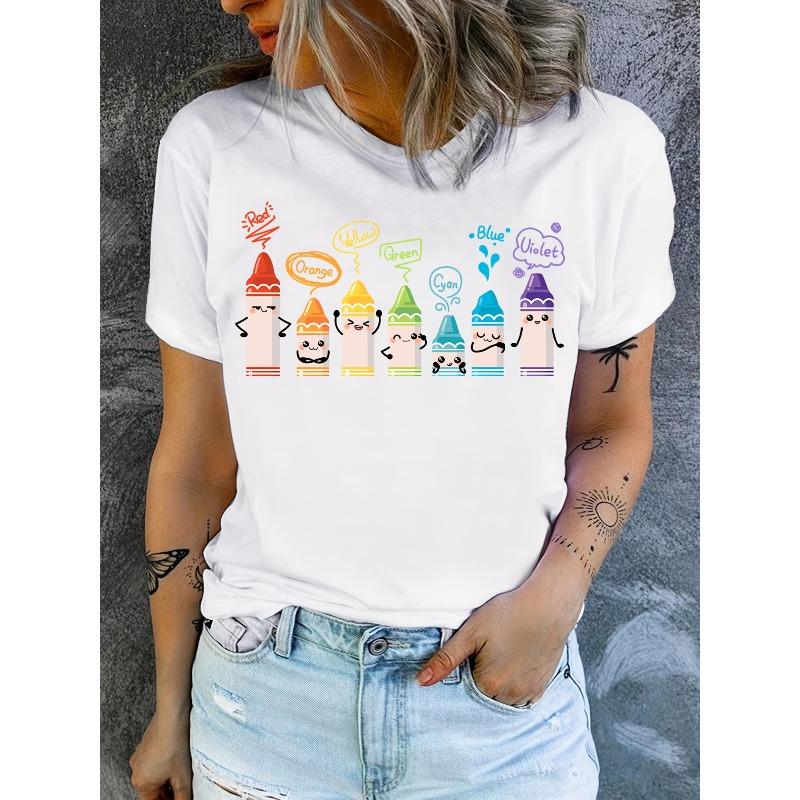 

Womens Rainbow Crayon Print Back To School Teacher Casual Tee S белый