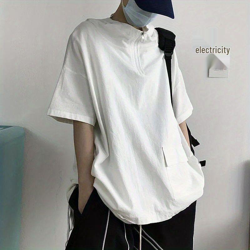 Trendy American Craftsman Men's Short-Sleeve Hooded T-Shirt with Half-Zip