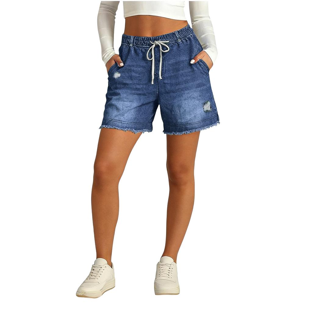 Pantaloncini di Jeans Casual da Donna con Coulisse in Vita Elastico Bordo Sfilacciato Usurato e Tasche per l'Uso Quotidiano