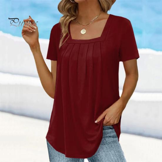 Summer Casual T-shirt Square Collar Short Sleeve Pleated Tee Shirt Solid Color Loose Fit A-Line Home Date Office Tops