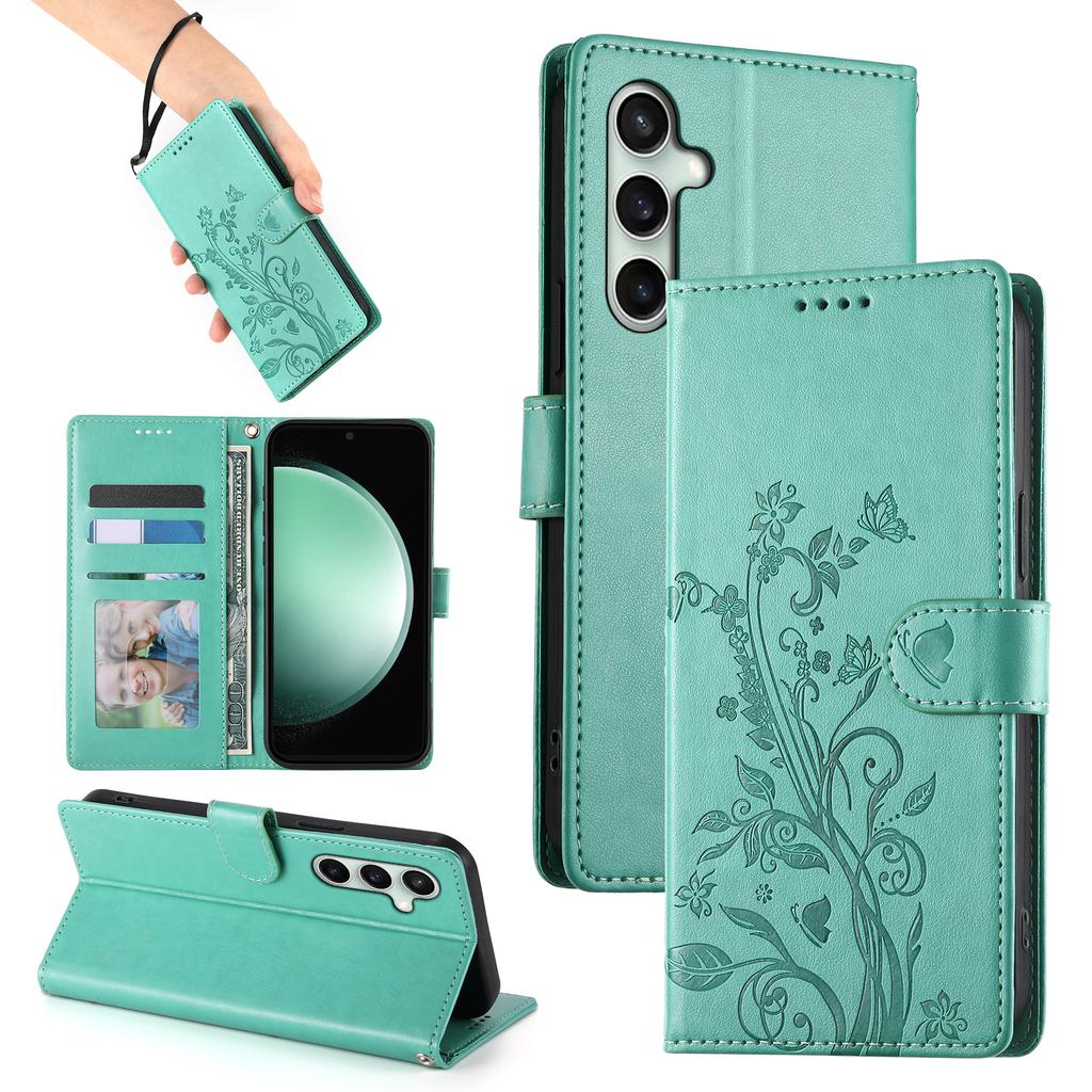 For Samsung Galaxy S25 FE Wallet Case Butterfly Floral Imprint PU Leather Phone Cover with Wrist Strap