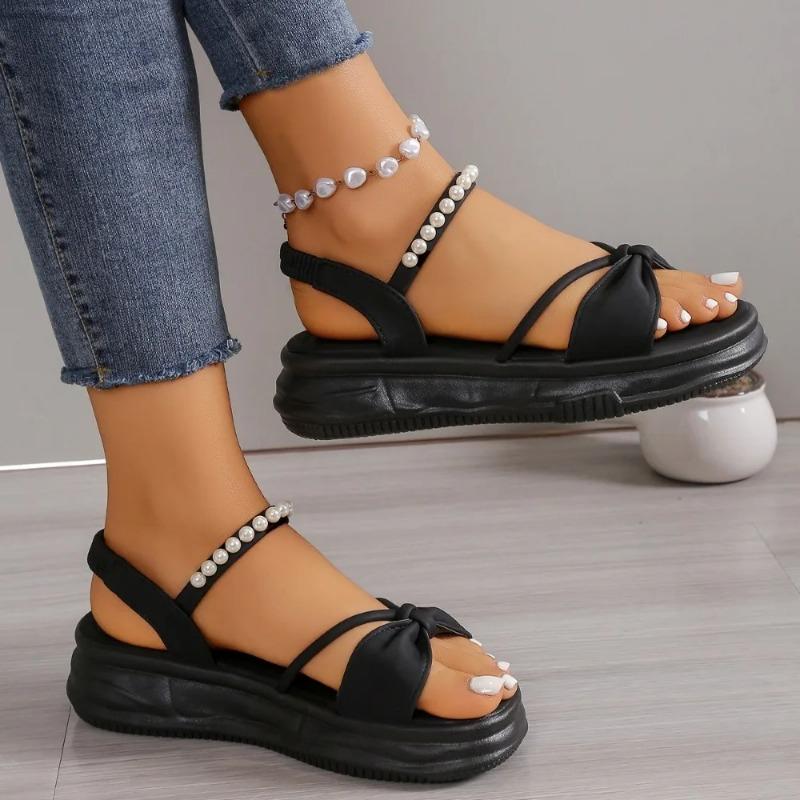 Trendy and Minimalist Sandals 2024 Summer New Butterfly Bow Pearl Decoration Comfortable Sports Women's Sandals Zapatos Mujer