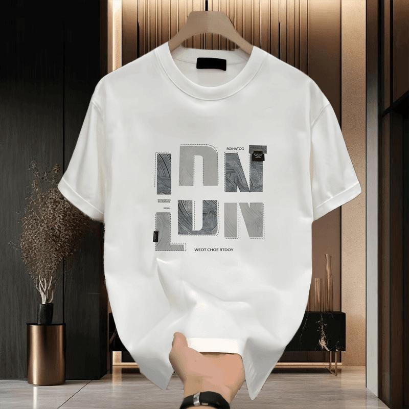 Pure Cotton Men's Loose T-shirt Breathable Casual Fashion Letter Pattern Printed Short Sleeved Round Neck Top