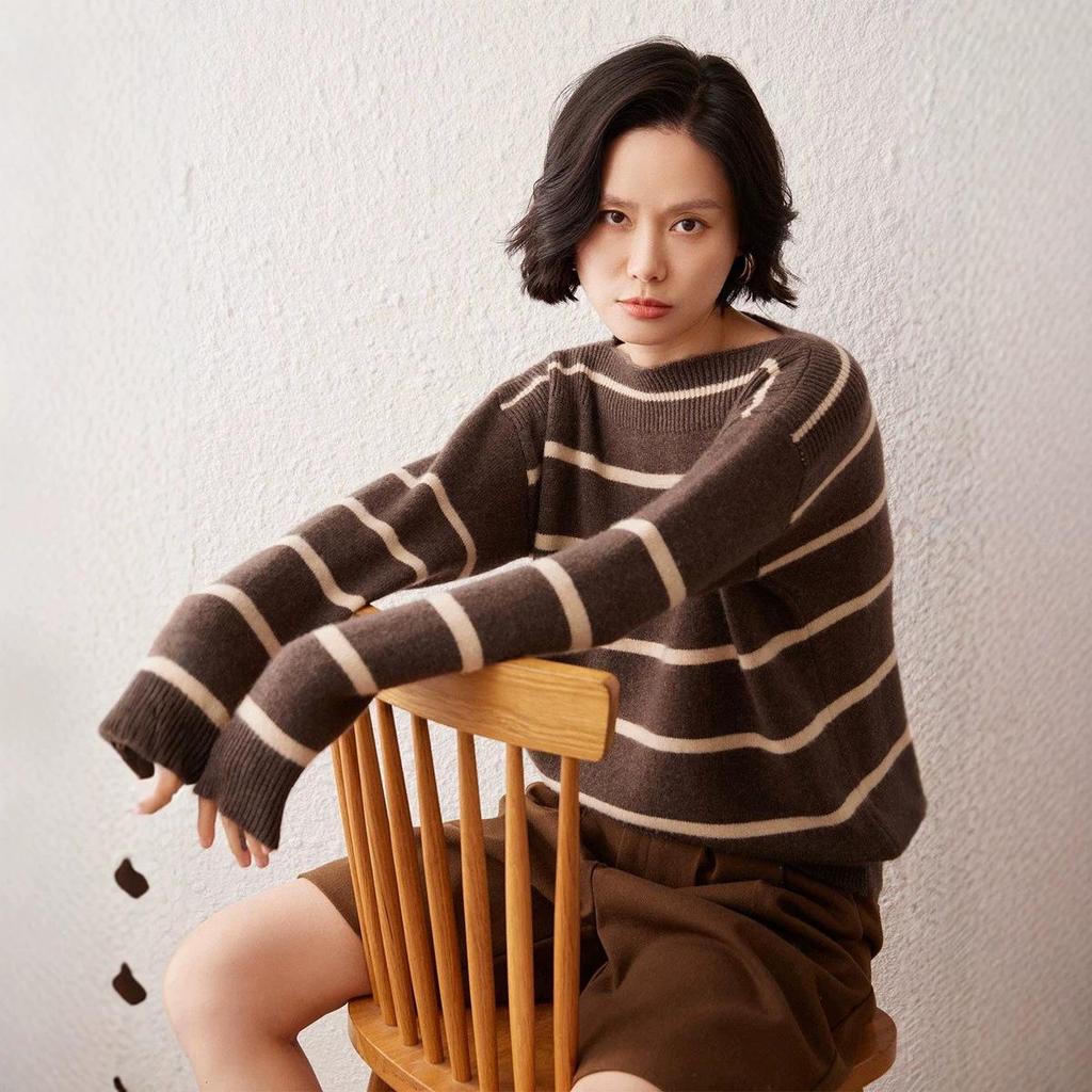 Women's One-Shoulder Striped Cashmere Sweater - Korean Style, Loose Fit Knitwear Top