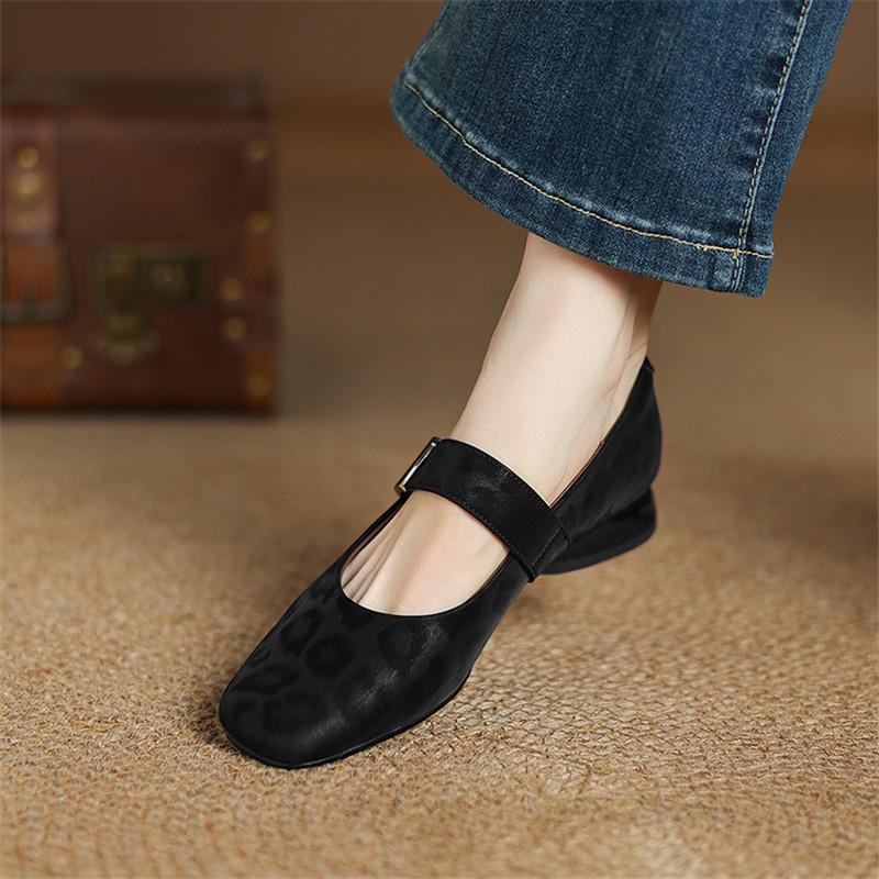 Fashion 2025 New Spring/summer Leopard Print Cow Leather Woman Shoes Square Toe Low Heel Women Pumps Shoes for Women Mary Jane Shoes