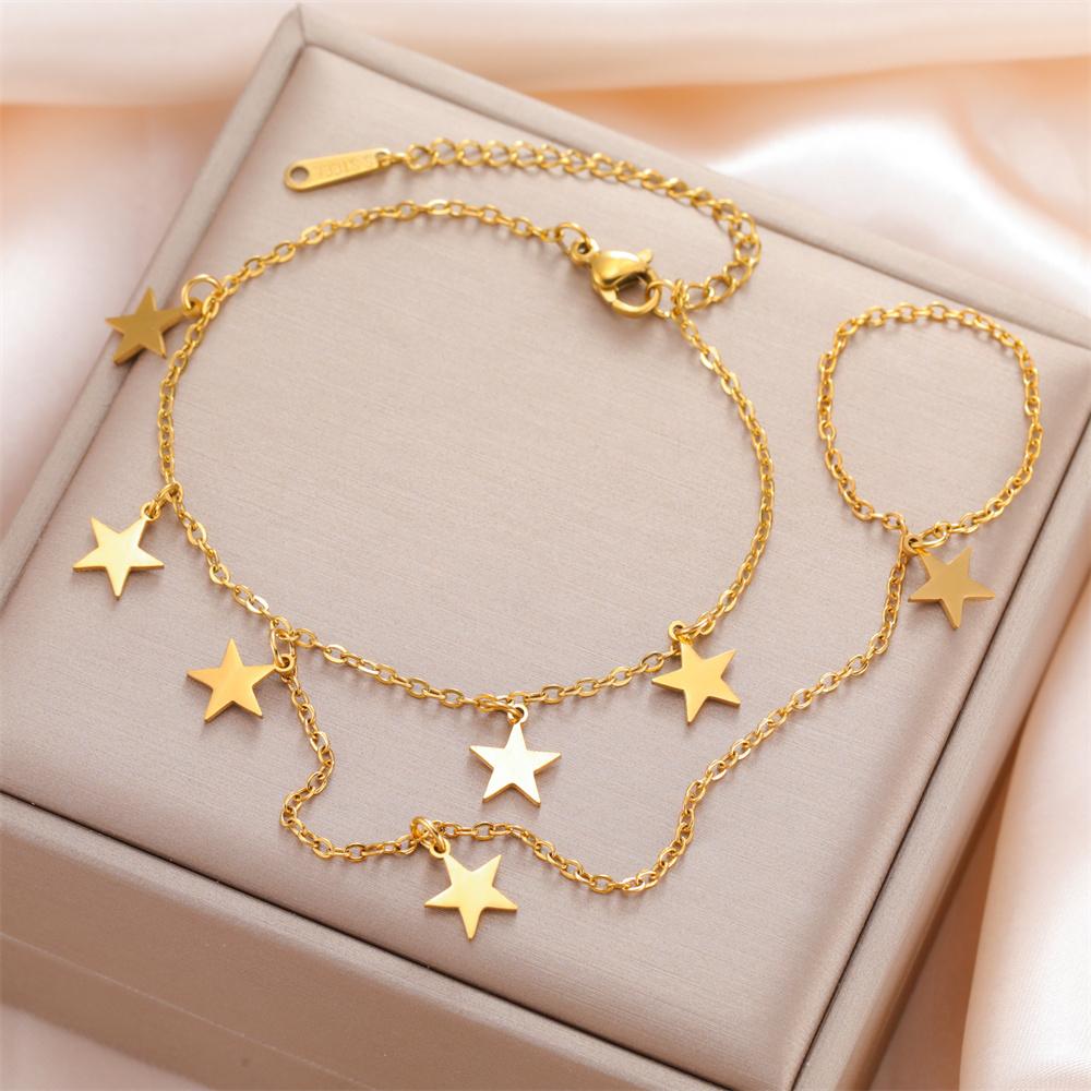 Star Charms Bracelet Ring Hollow Out Solid Stars Bracelet with Finger Chain Stainless Steel Adjustable Chain Jewelry Party Daily