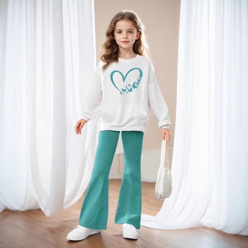 Children's Clothing Girls Floral English Patterns Off-Shoulder Pullover Flared Pants Two-Piece Set Blue-Green Pants Comfortable and Versatile Set