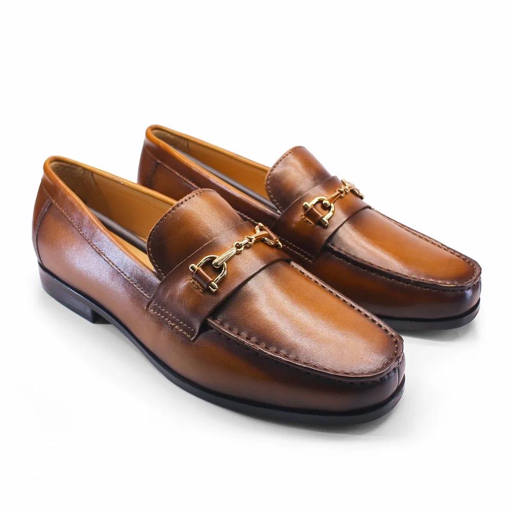 Men's Loafers Dress Shoes round Toe Formal Business Slip-On Handmade Cowhide Leather Upper Rubber Sole Comfortable Footwear