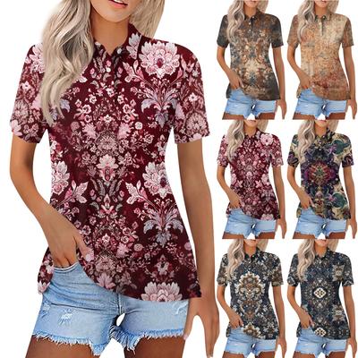 Women's Fashion Casual Lapel Short Sleeve Print Shirt Women's Button Up Tops