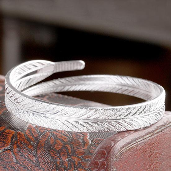 Women's Vintage Silver Plated Feather Cuff Bracelet Adjustable Opening Bangle Jewelry