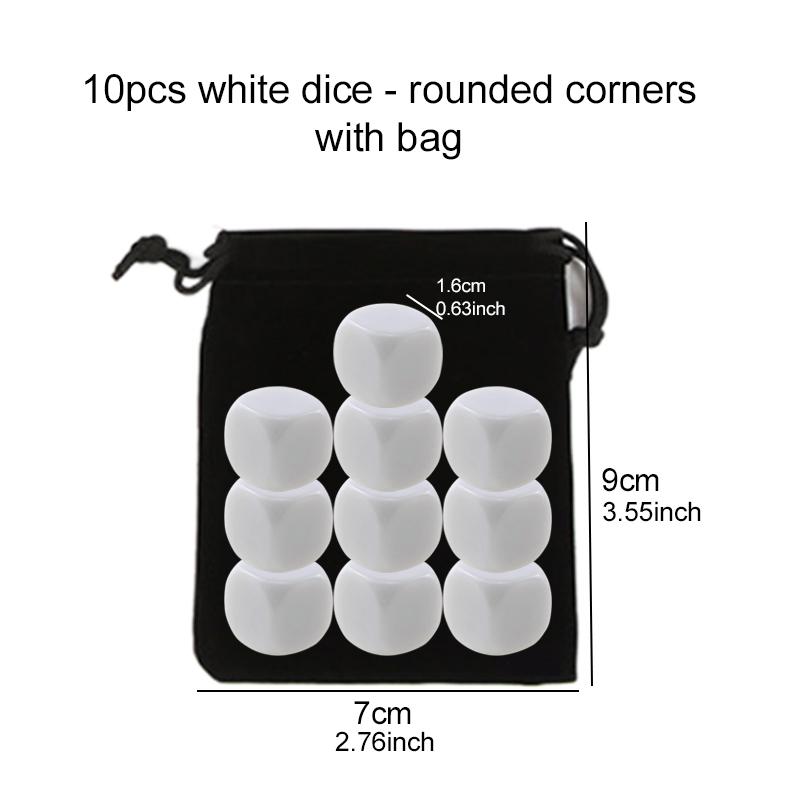

10pcs Six Sided Dice Acrylic Blank White Dice with Bag for Board Games Party Gathering Leisure and Entertainment Props TMZ
