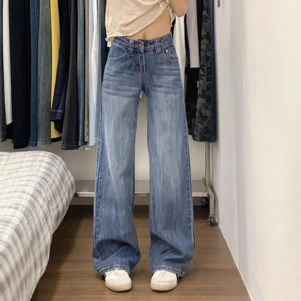 Retro Style Skinny Wide-legged Jeans Women's Spring/summer Washed Mid-waisted Straight Casual Dragging Trousers Jeans for Women Long Denim Pants