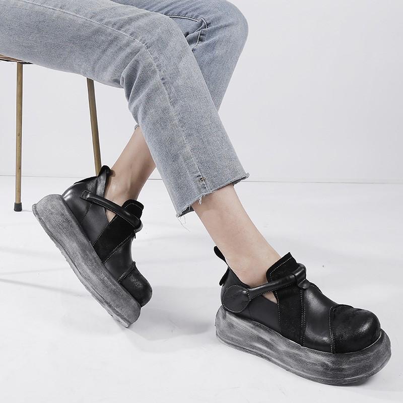 Johnature Flache Plateauschuhe aus echtem Leder für Damen, vielseitige Vintage-Schuhe mit runder Zehenpartie und dicker Sohle