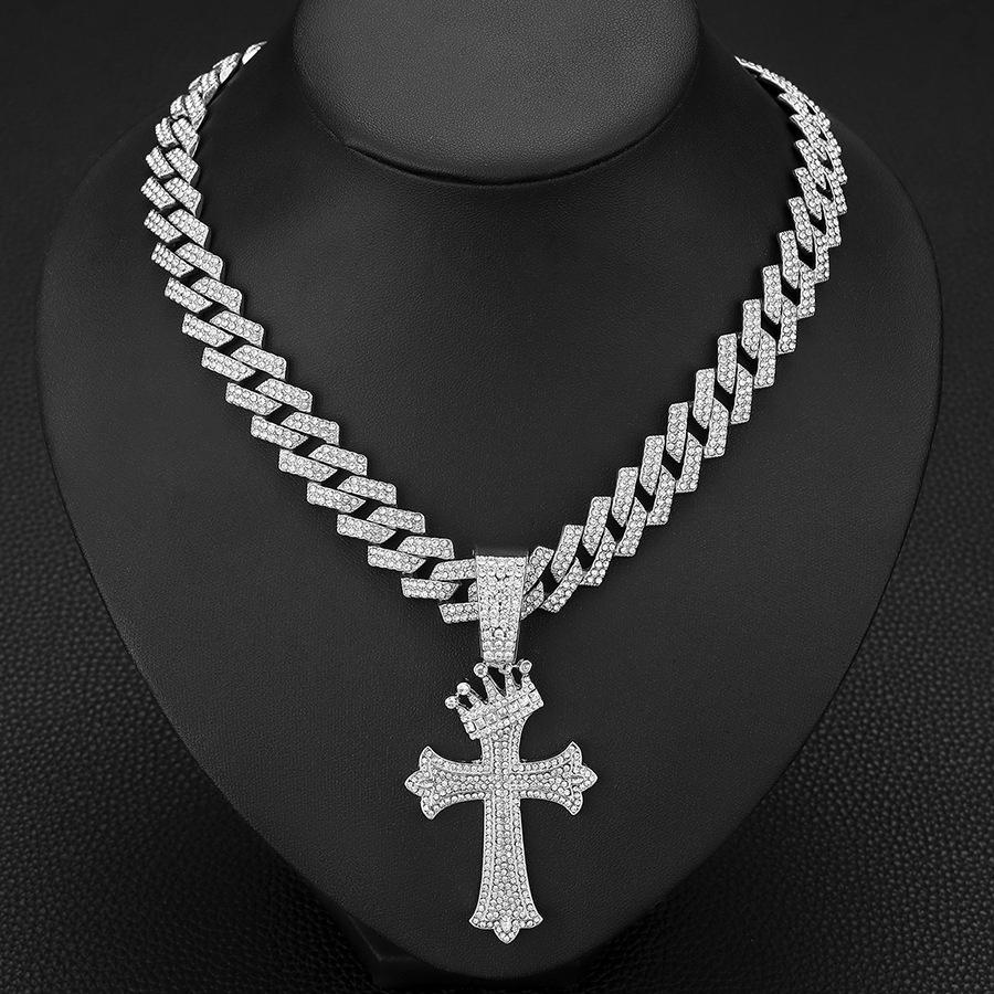 Full Diamond Crown Cross Pendant Necklace Men's and Women's Alloy Diamond Set Necklace Diamond Cuban Chain