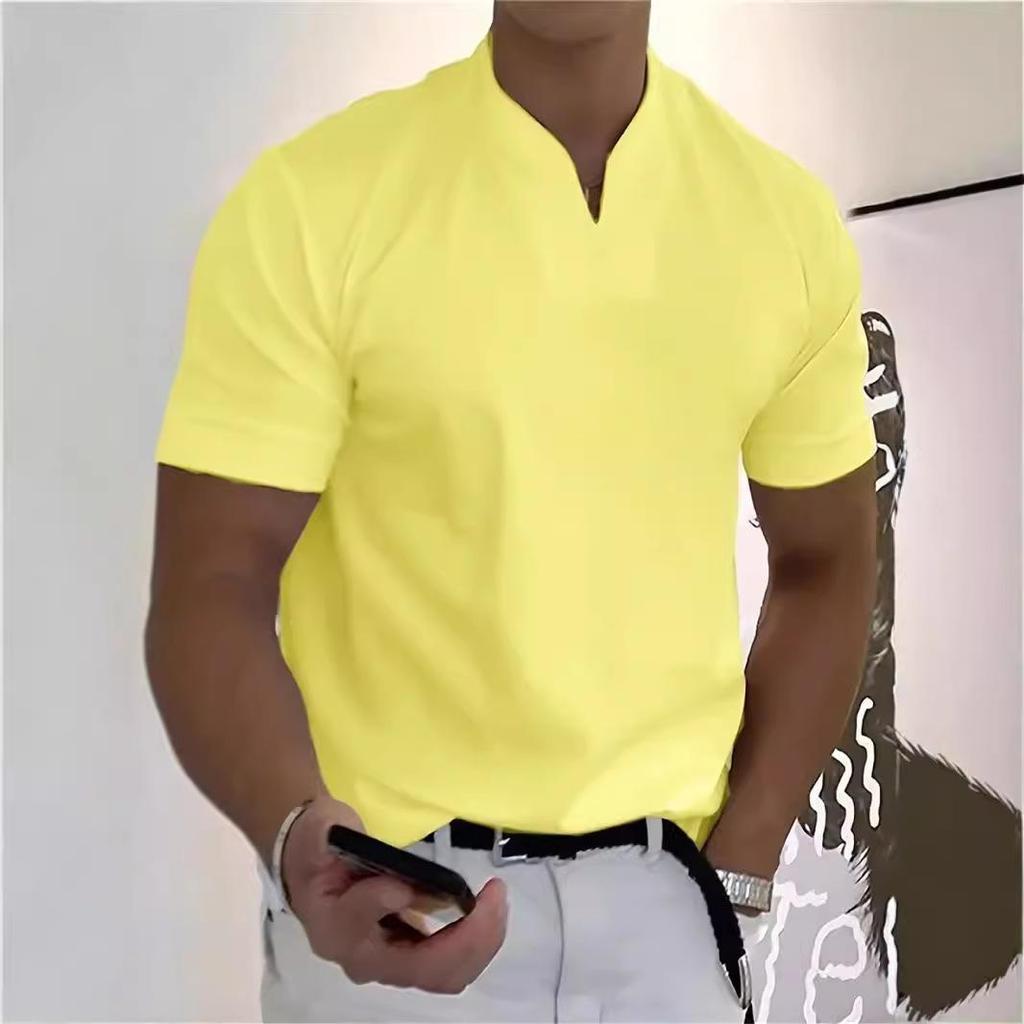 2025 Men's V-Neck Muscle Fit Sports T-Shirt - Elastic Short Sleeve Solid Color