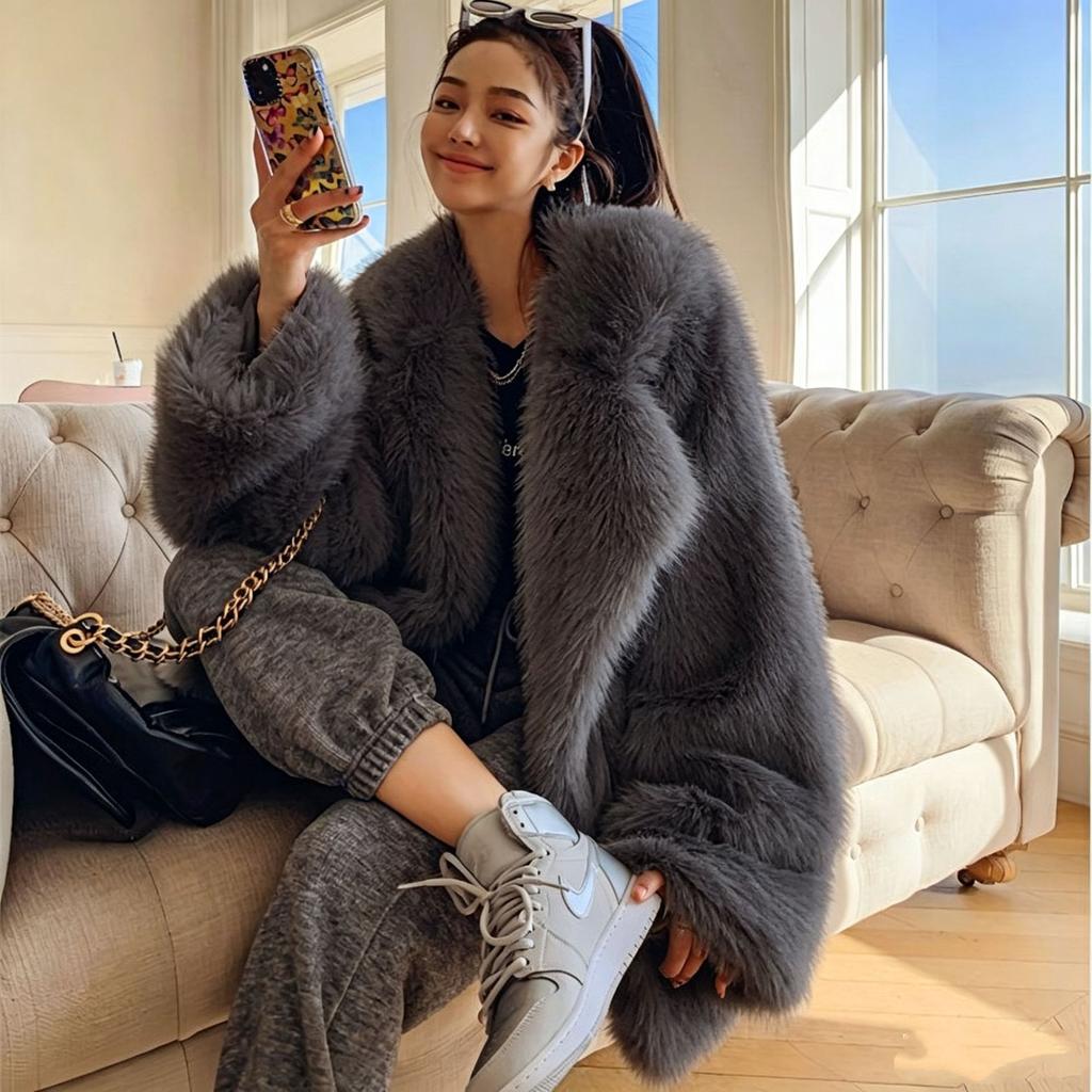 New winter imitation fox fur jacket, suit collar medium and long women's fashion loose suit collar coat